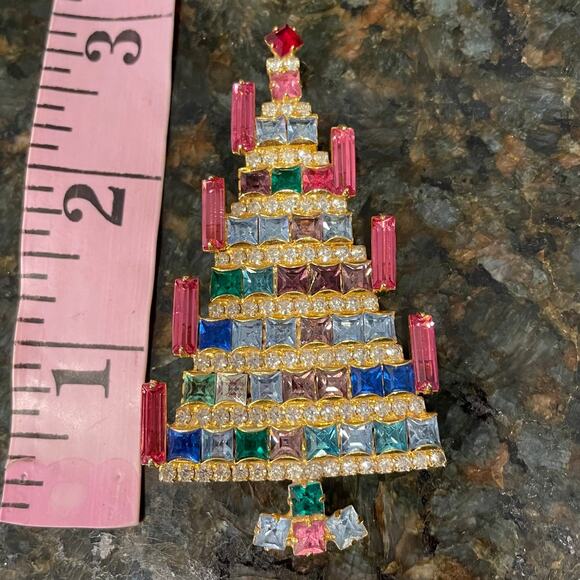 Vintage Dominique Candle Christmas Tree Brooch Pin Rhinestone Jewelry Signed - Picture 7 of 9